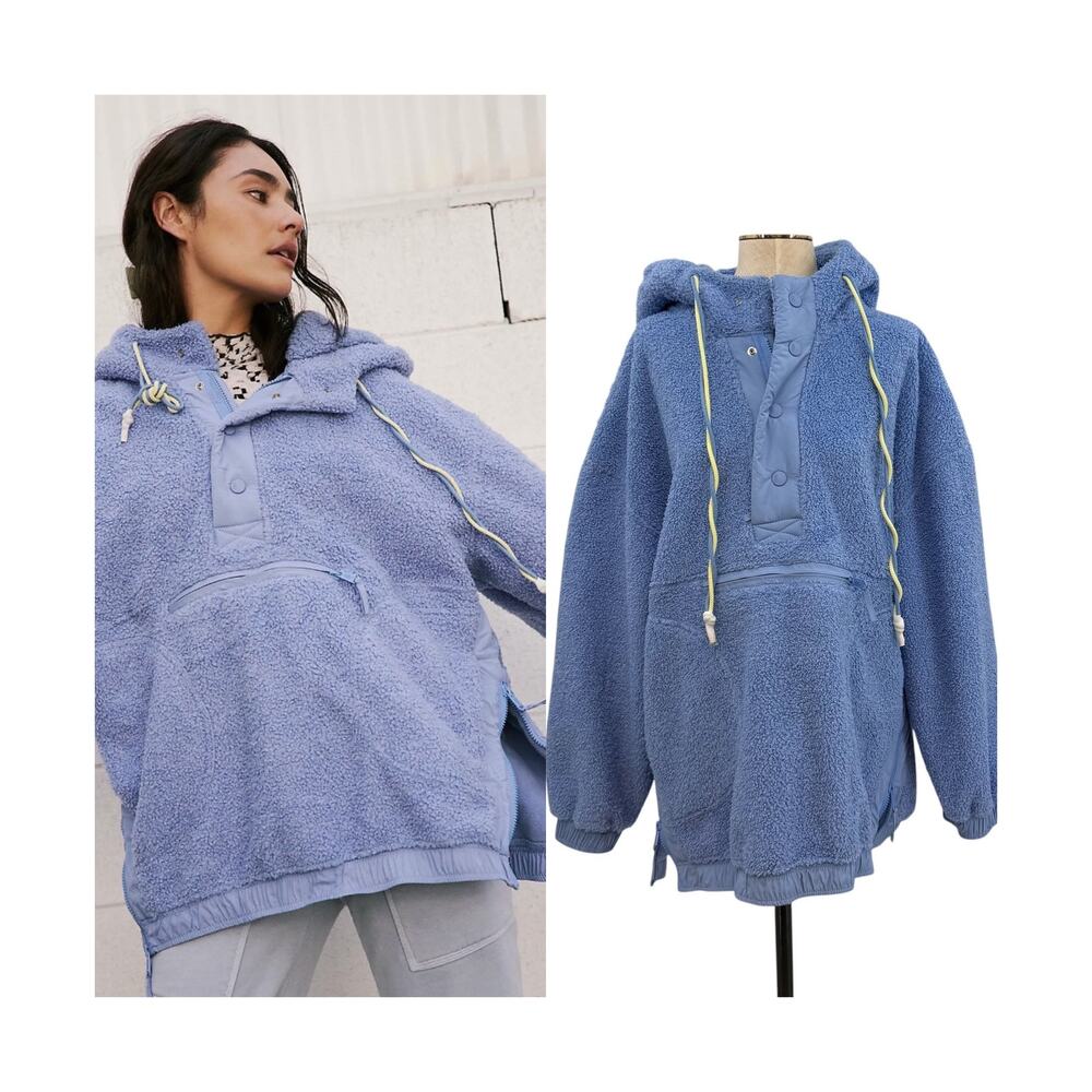 Free People Fuzzy Was She Pullover Blue Sherpa Fleece Hoodie Womens Small